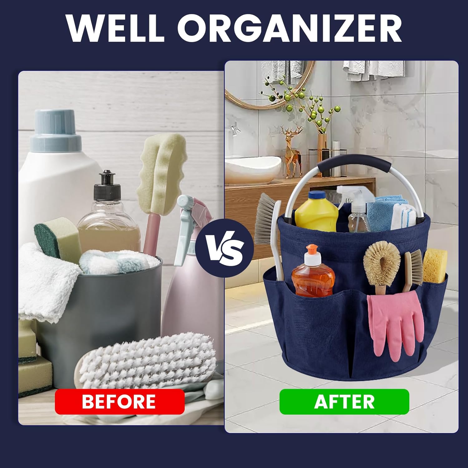 Cleaning Caddy with Handle and 6 Pockets, 17L Cleaning Supplies Organizer, 600D Oxford Fabric Storage Basket