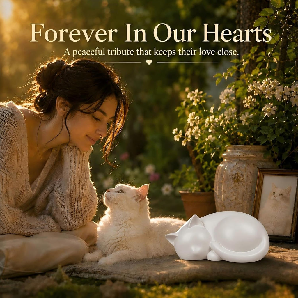 Handmade Sleeping Cat Urn for Ashes - Elegant White Pet Memorial Statue
