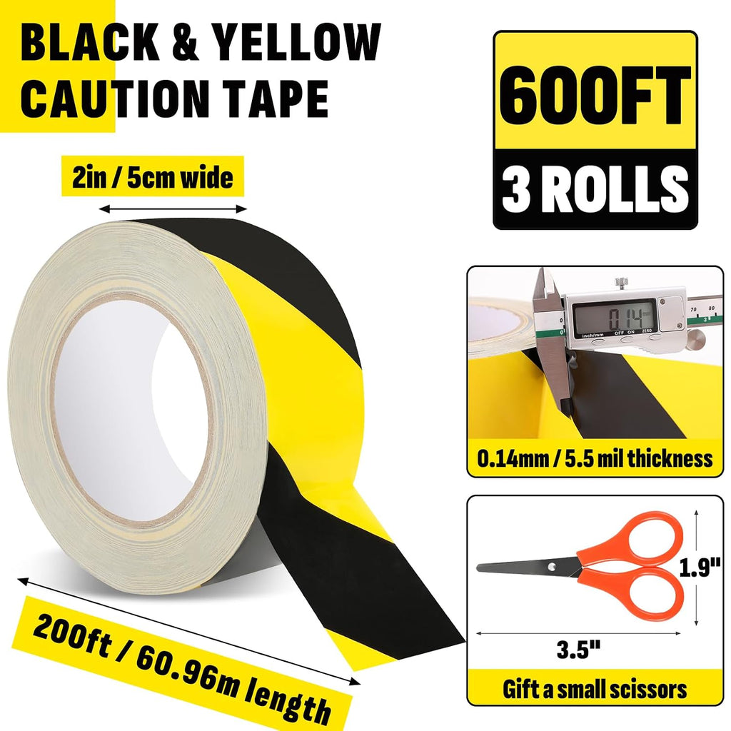 3 Roll Black & Yellow Caution Tape, 2in x 600 FT Total Length Safety Tape | Black & Yellow Floor Marking Tapes, High