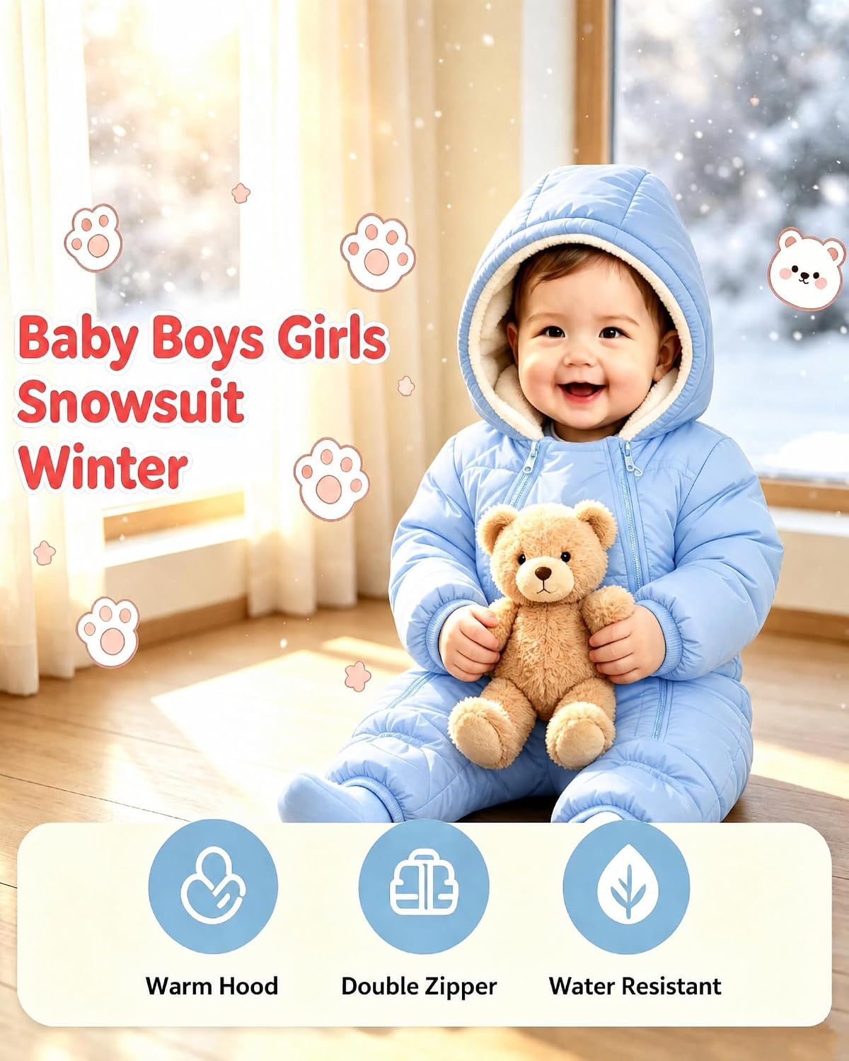 Baby Snowsuit Infant Winter Jumpsuit 0-24M Toddler Footed Jacket Unisex Warm Hooded Outfit Thick Fleece Coat