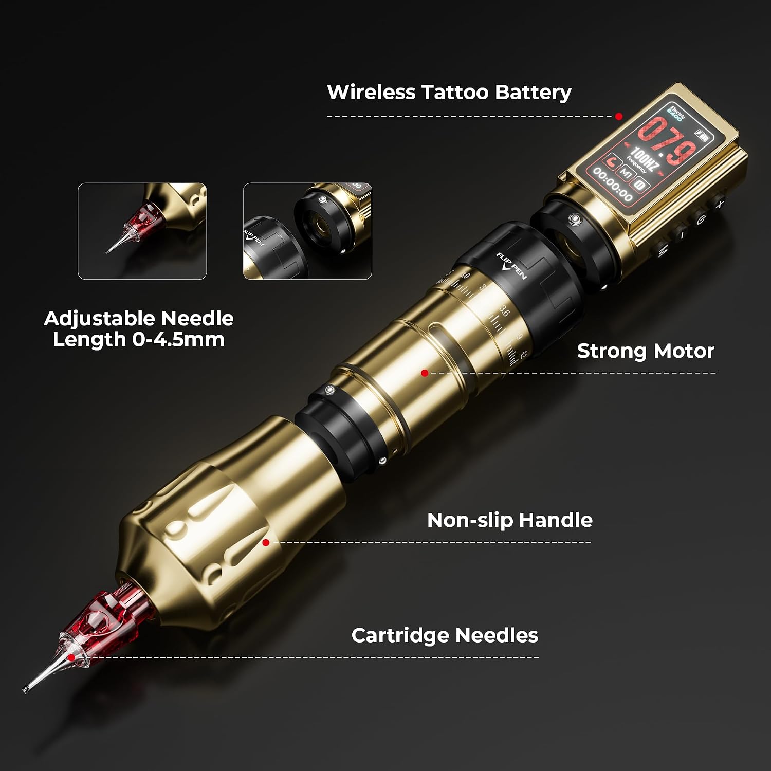 Wireless Tattoo Machine with 3600mAh Dual Batteries Adjustable 7 Strokes 2.4-4.2mm Rotary Pen LED Display Brushless