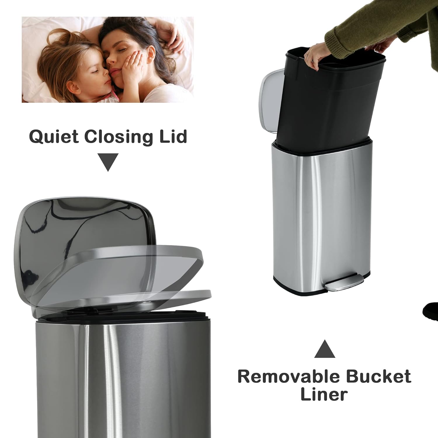 50 Liter / 13 Gallon Kitchen Trash Can, Stainless Steel with Lid, Foot Pedal and Inner Bucket, Fingerprint-Resistant