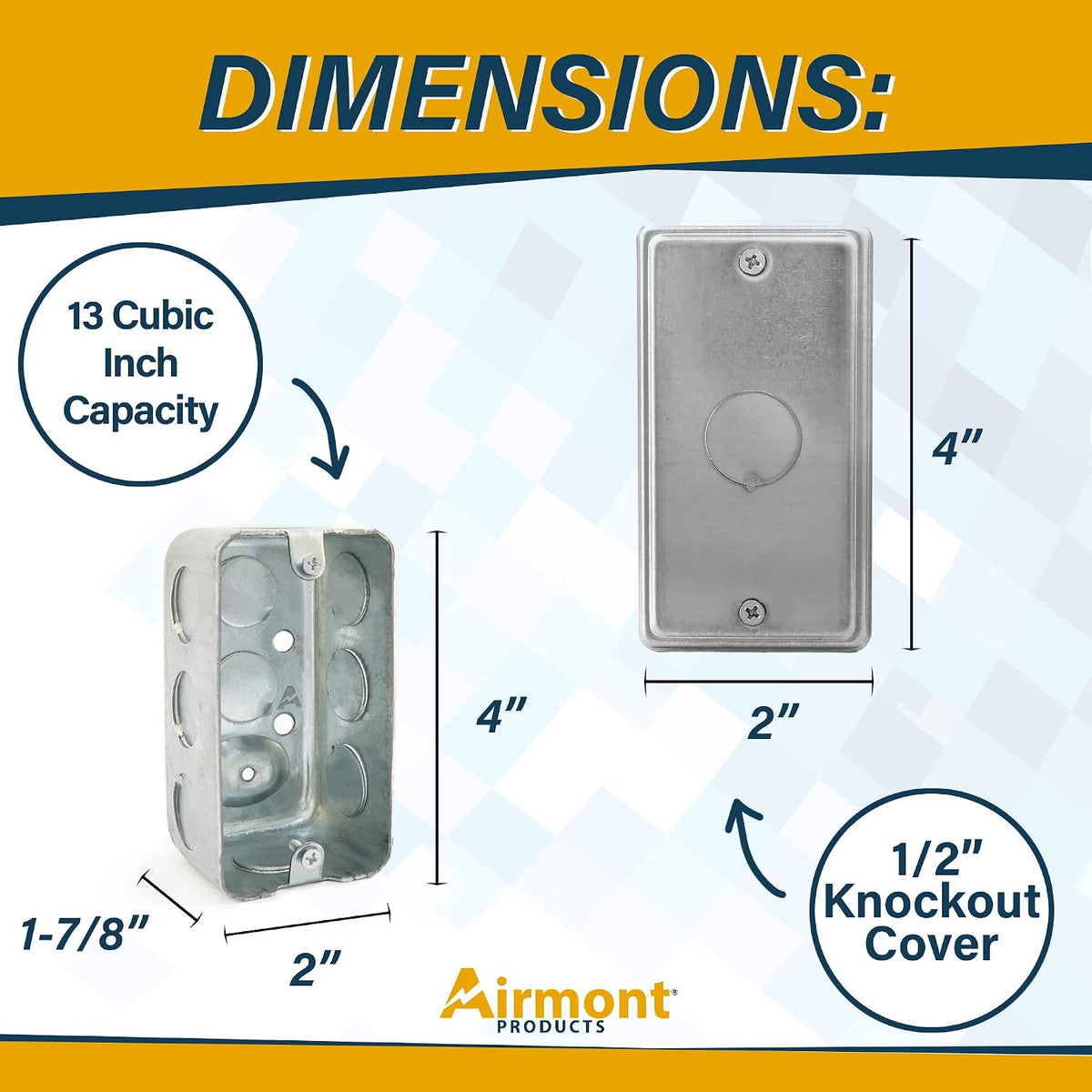 4" x 2" Steel Utility Box Kit, 1/2" Knockout Cover, 13 Cu. in., 1-7/8" Deep