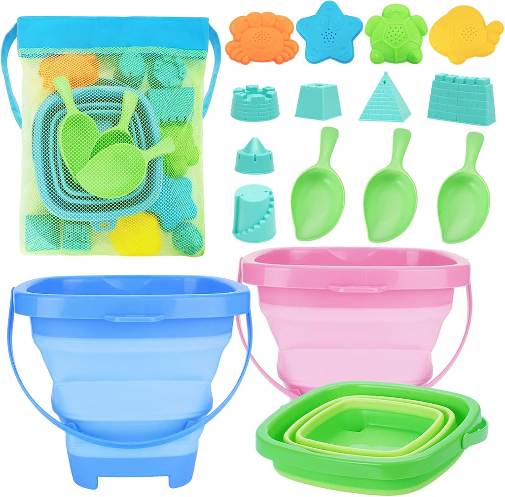 Beach Toys with 3 Collapsible Buckets, Mesh Bag for Kids Ages 3-12 | Sand Castle Building Kit and Sand Molds for