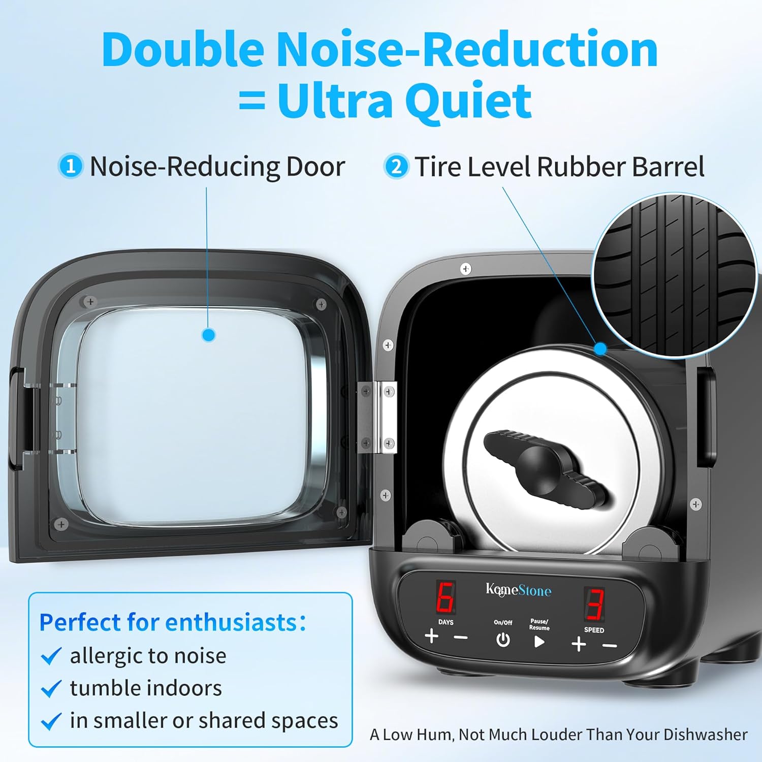 K2 Ultra Quiet Rock Tumbler Kit - 3LB Professional Rock Polisher | Quiet Brushless Motor, Up to 6X Noise Reduction