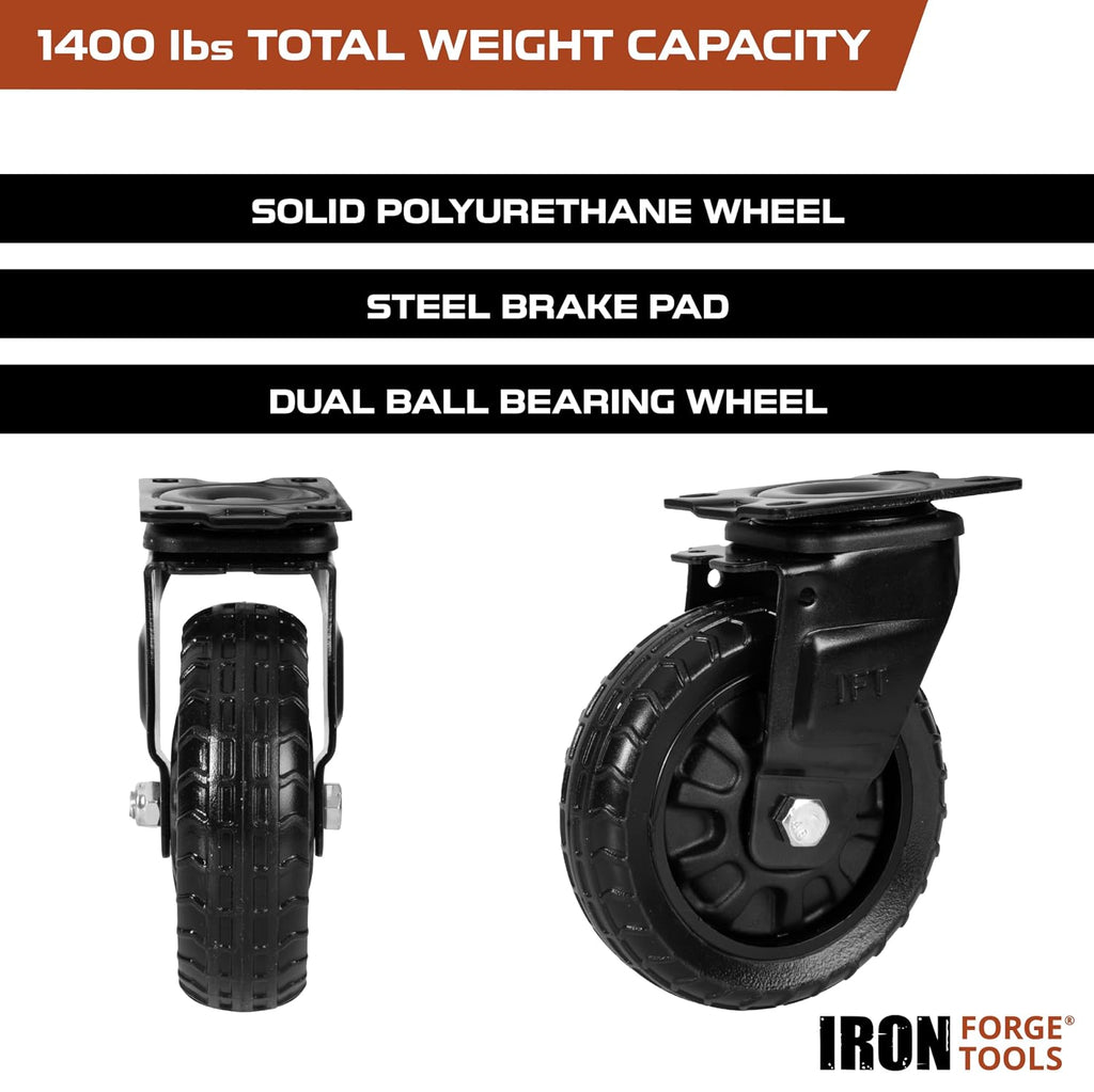 Medium Duty Swivel Knobby Casters, Set of 4-5 Inch | 6 Inch Height, Flat-Free Solid PU Tread, 2 Casters with Brakes