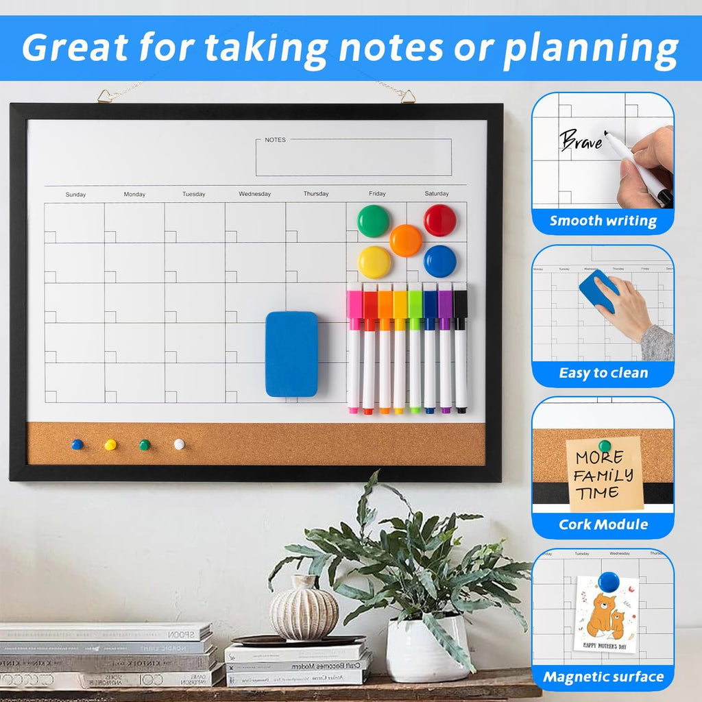 Dry Erase Calendar Whiteboard, 17" x 13" Magnetic Whiteboard Cork Board Combo, Reusable Monthly Planner with 8