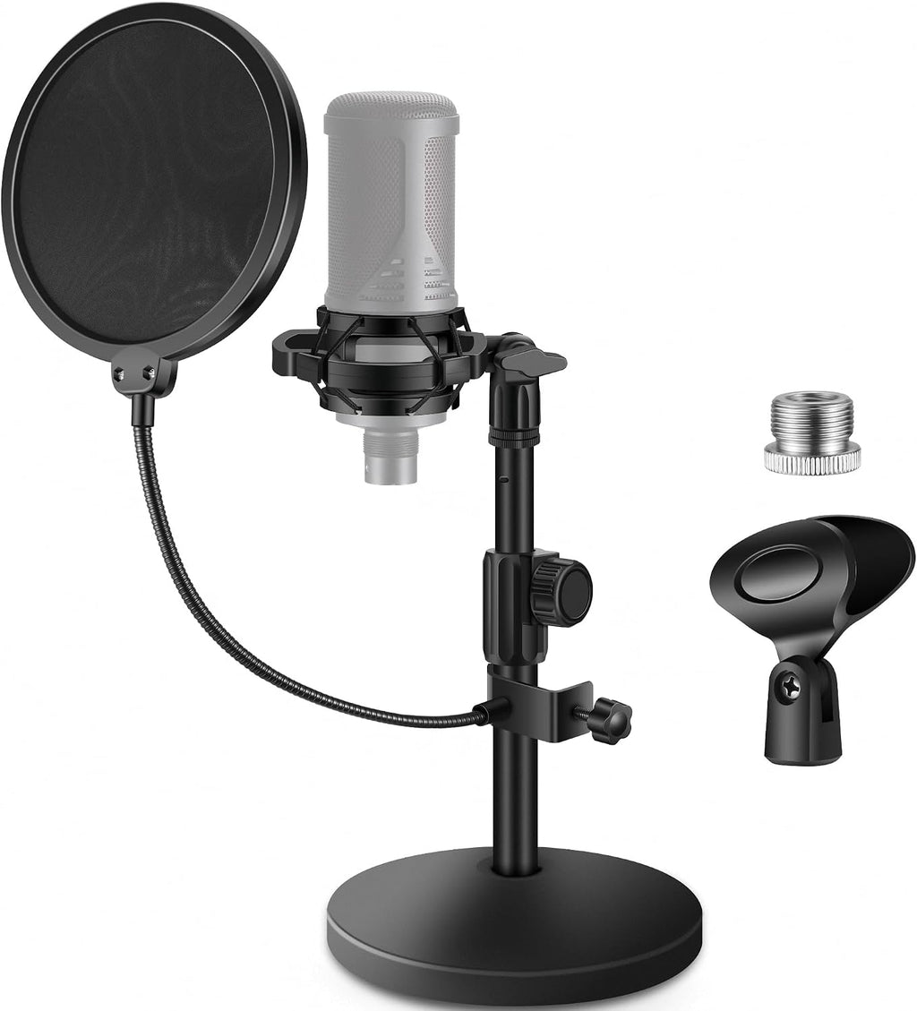 Mic Stand Desk Desktop Microphone Stand Shock Mount Pop Filter | Rock Solid, Dual-Layer Pop Filter, 9.8" - 14" Height