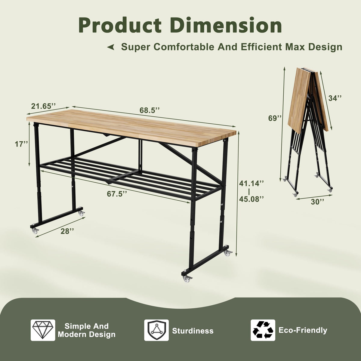 68.5" Adjustable Workbench, Heavy Duty Folding Work Table with Wheels, Workshop Tool Bench 2000 LBS, Metal with