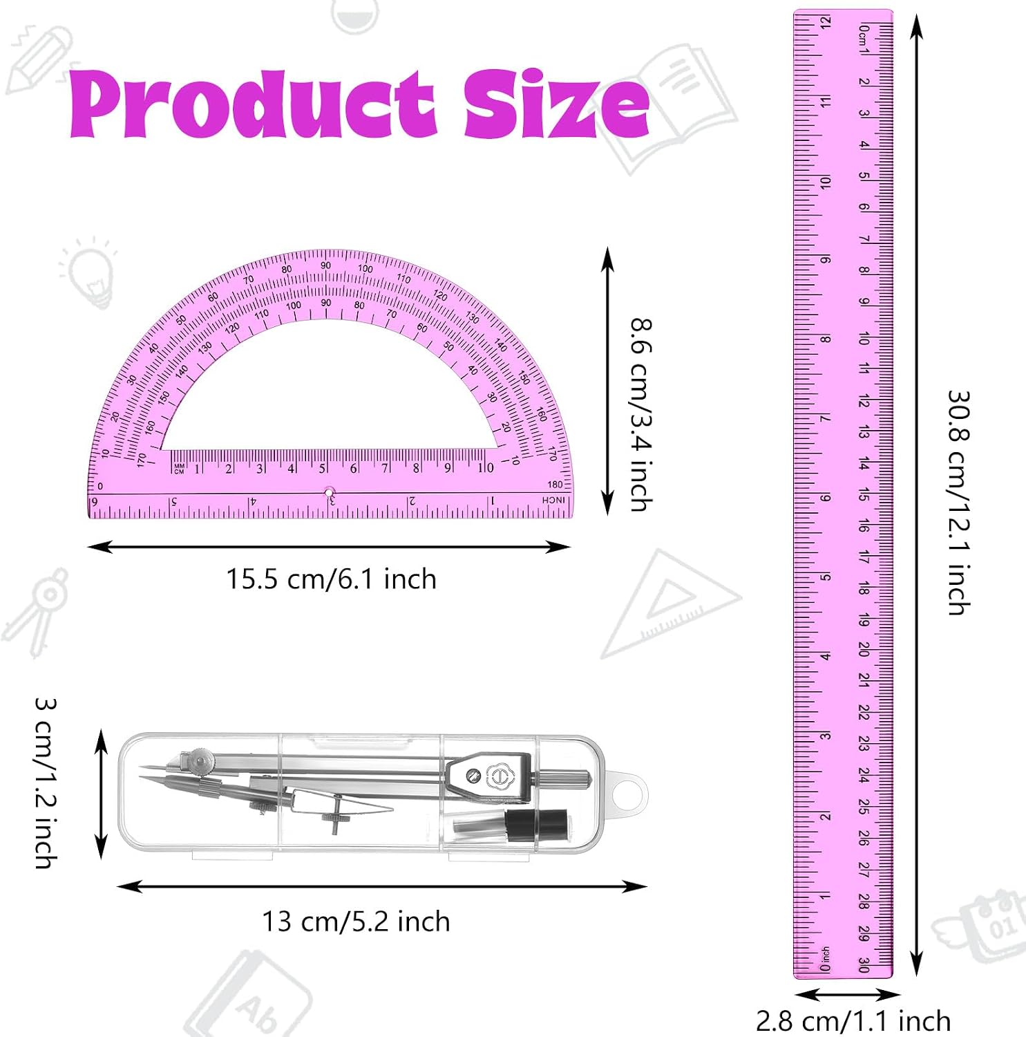 3 Pcs Plastic Ruler 6 Inch Protractor Drawing Compass Set, Student Geometry Math Transparent Measuring Tools for Home