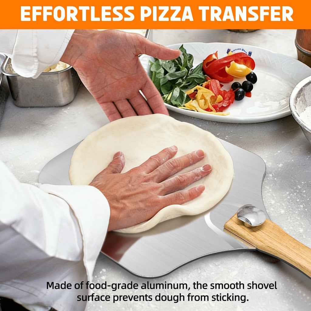 Pizza Peel and Pan Set, 6 Piece Pizza Oven Accessories, 12 Inch Metal Pizza Paddle with Foldable Wooden Handle, 8