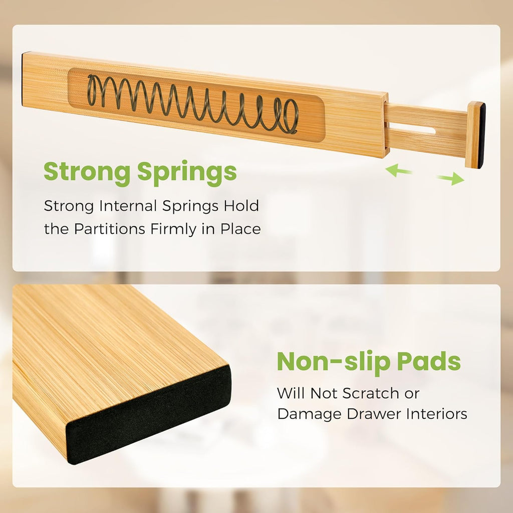 Drawer Divider, Adjustable Bamboo Kitchen Drawer Organizer, Spring Loaded Drawer Organizer, Dresser Separators for