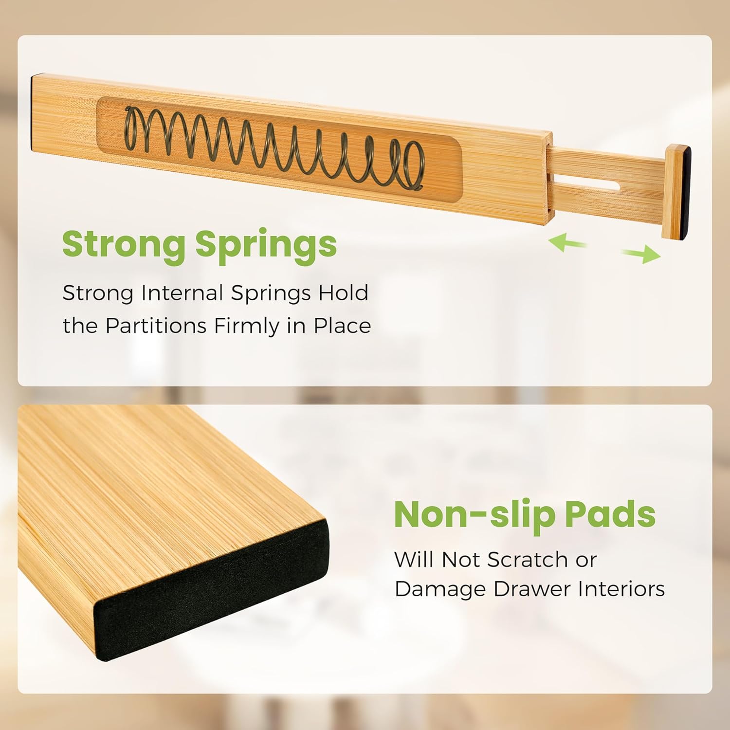 Drawer Divider, Adjustable Bamboo Kitchen Drawer Organizer, Spring Loaded Drawer Organizer, Dresser Separators for
