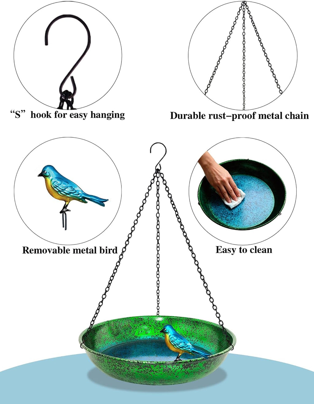 Hanging Bird Bath for Outside, 11" Green/Blue Metal Birdbath & Feeder Bowl
