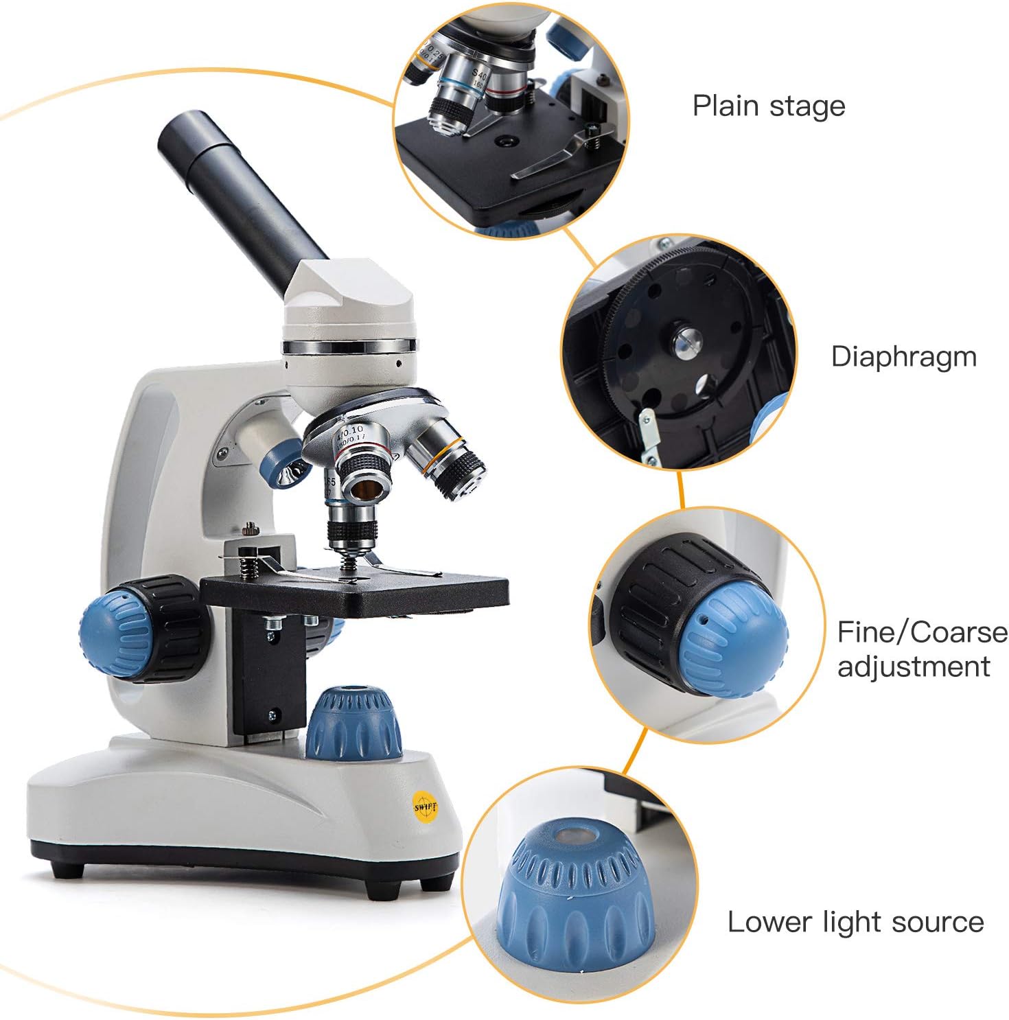 Microscope SW150,Compound Student Microscope,40X-1000X,Monocular Head,Coarse & Fine Focusing,Dual