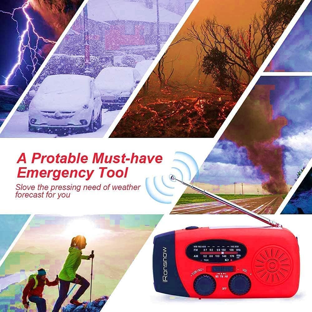 Solar Emergency Hand Crank Weather Radio, 2000mAh NOAA AM/FM | Portable Self Powered Radios with SOS Alarm LED
