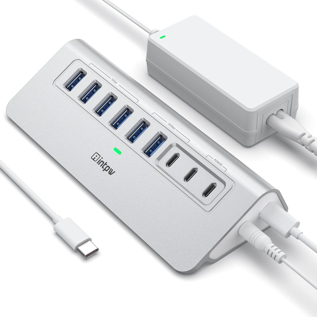 Powered USB Hub 10Gbps, intpw 9-Port USB 3.2 Hub, USB C Hub with USB A/USB C 3.2, 4 USB 3.0, 2 PD 45W Charging Ports