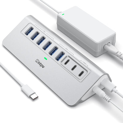 Powered USB Hub 10Gbps, intpw 9-Port USB 3.2 Hub, USB C Hub with USB A/USB C 3.2, 4 USB 3.0, 2 PD 45W Charging Ports