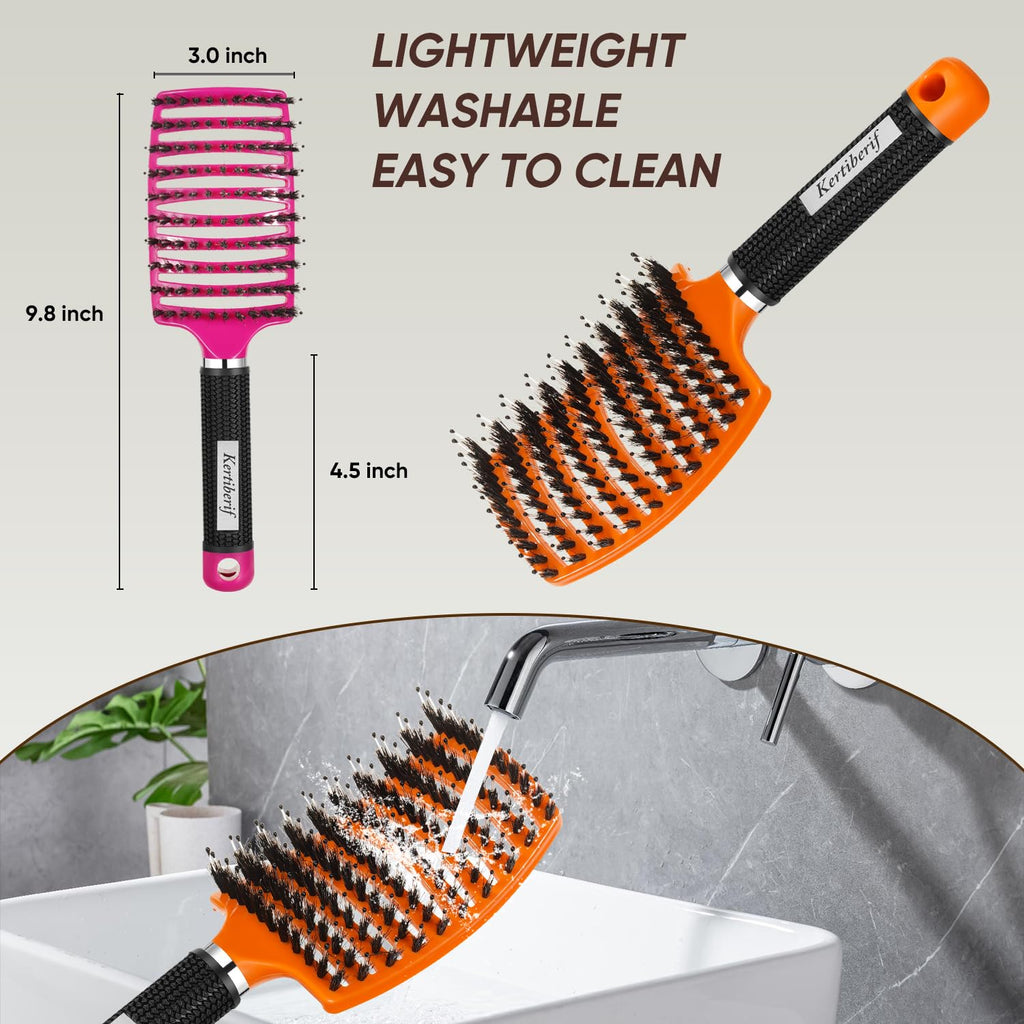 Boar Bristle Detangling Hair Brush for Wet & Dry Hair, Women Men | Paddle Detangler Hairbrush 2-Pack for Thick Fine