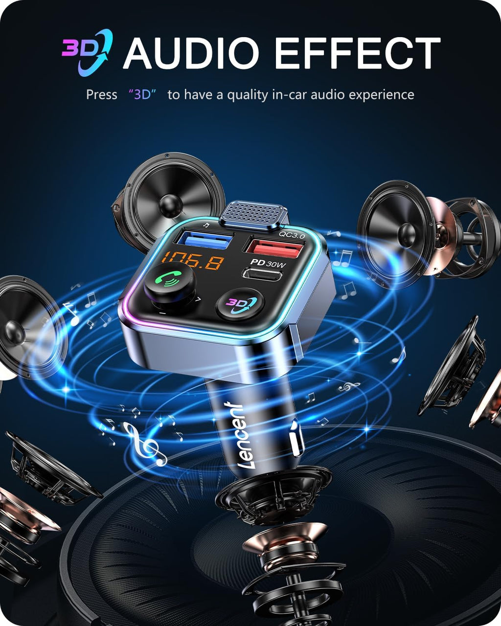 Bluetooth 5.3 FM Transmitter, Wireless Radio Adapter Car Kit | Type-C PD 30W+ QC3.0 Fast USB Charger, Hands-Free