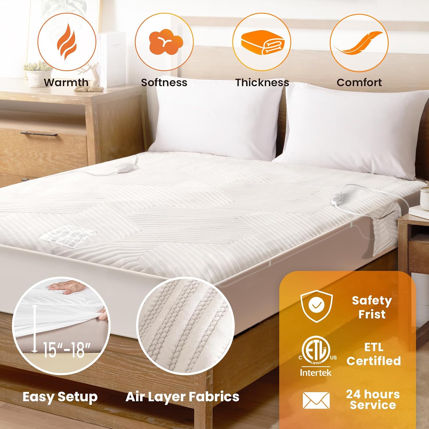 Electric Heated Mattress Pad Queen Size Dual Control Bed Warmer, Deep Pocket, Side Storage Pouch for Controller