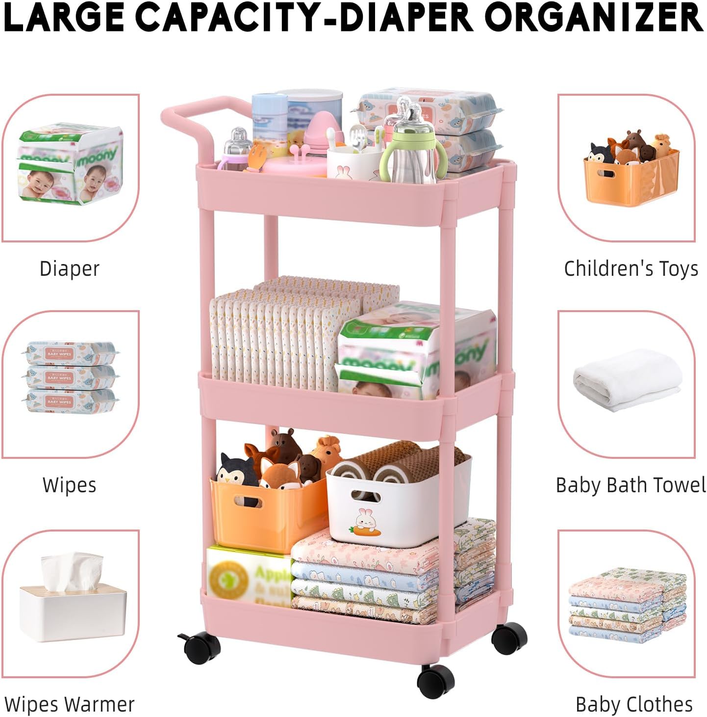 Diaper Caddy - Plastic Diaper Organizer for Nursery Essentials, Baby Organizers and Storage, Movable Cart for