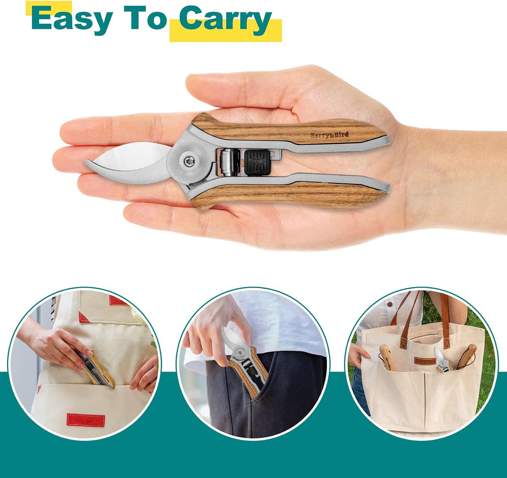 Mini Pruning Shears for Gardening Curved Blades Hand Pruners with Wooden Handle Garden Scissors Snips Stainless Steel