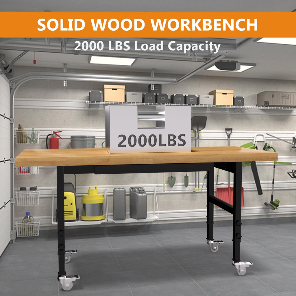 60" Heavy-Duty Solid Wood Work Bench with Drawers, Adjustable Height Workbench with Wheels, 2000 LBS Capacity Work