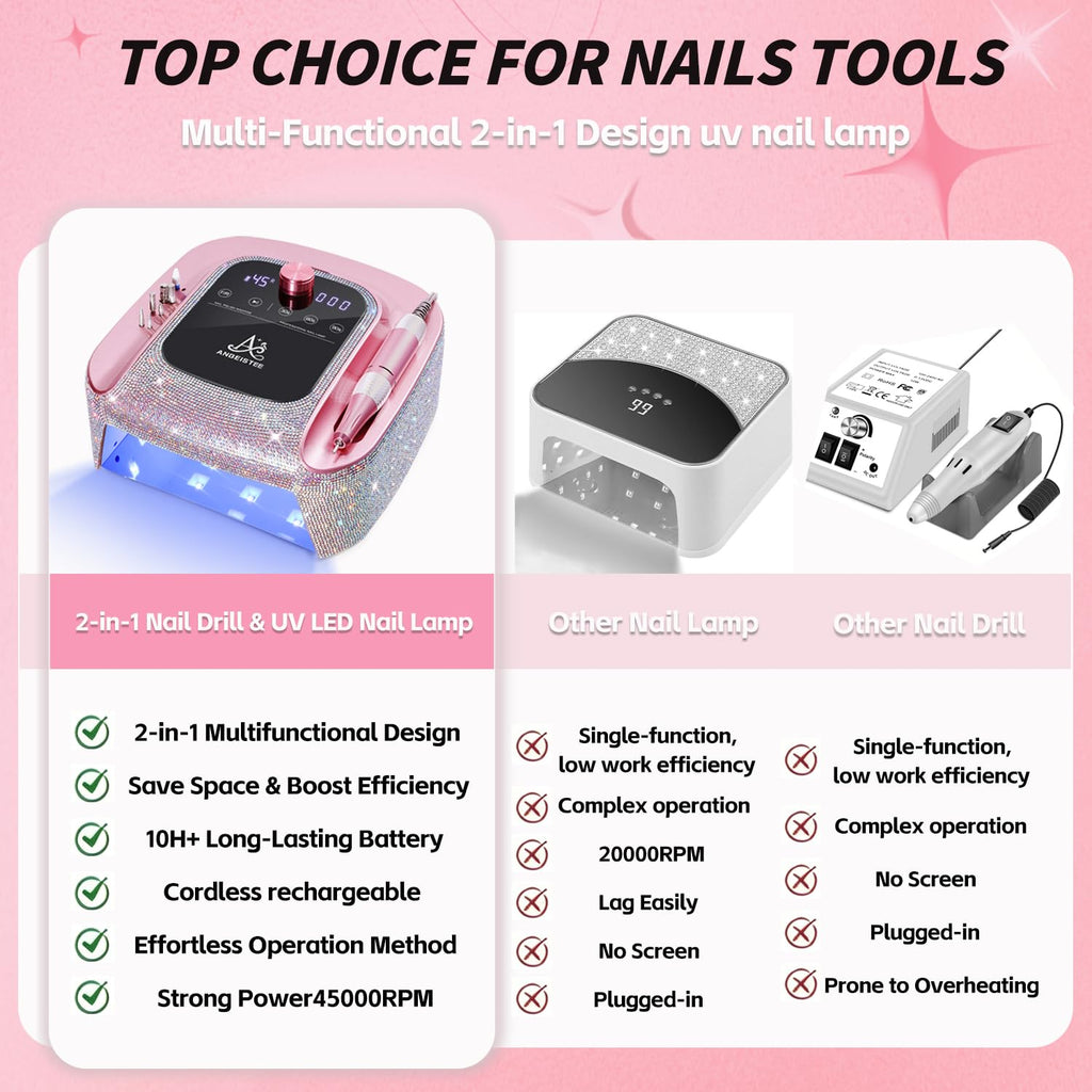 2-in-1 Nail Drill & UV LED Nail Lamp, Professional Rechargeable 45000 RPM Electric Nail Drill Machine, Nail Grinder