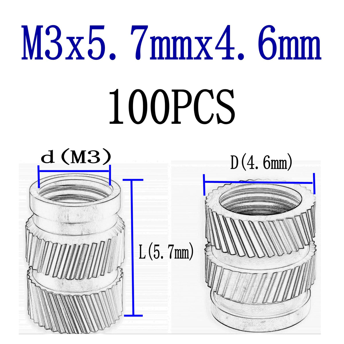 100pcs Brass Threaded Inserts, M3x5.7x4.6 Heat Set Insert for 3D Printing