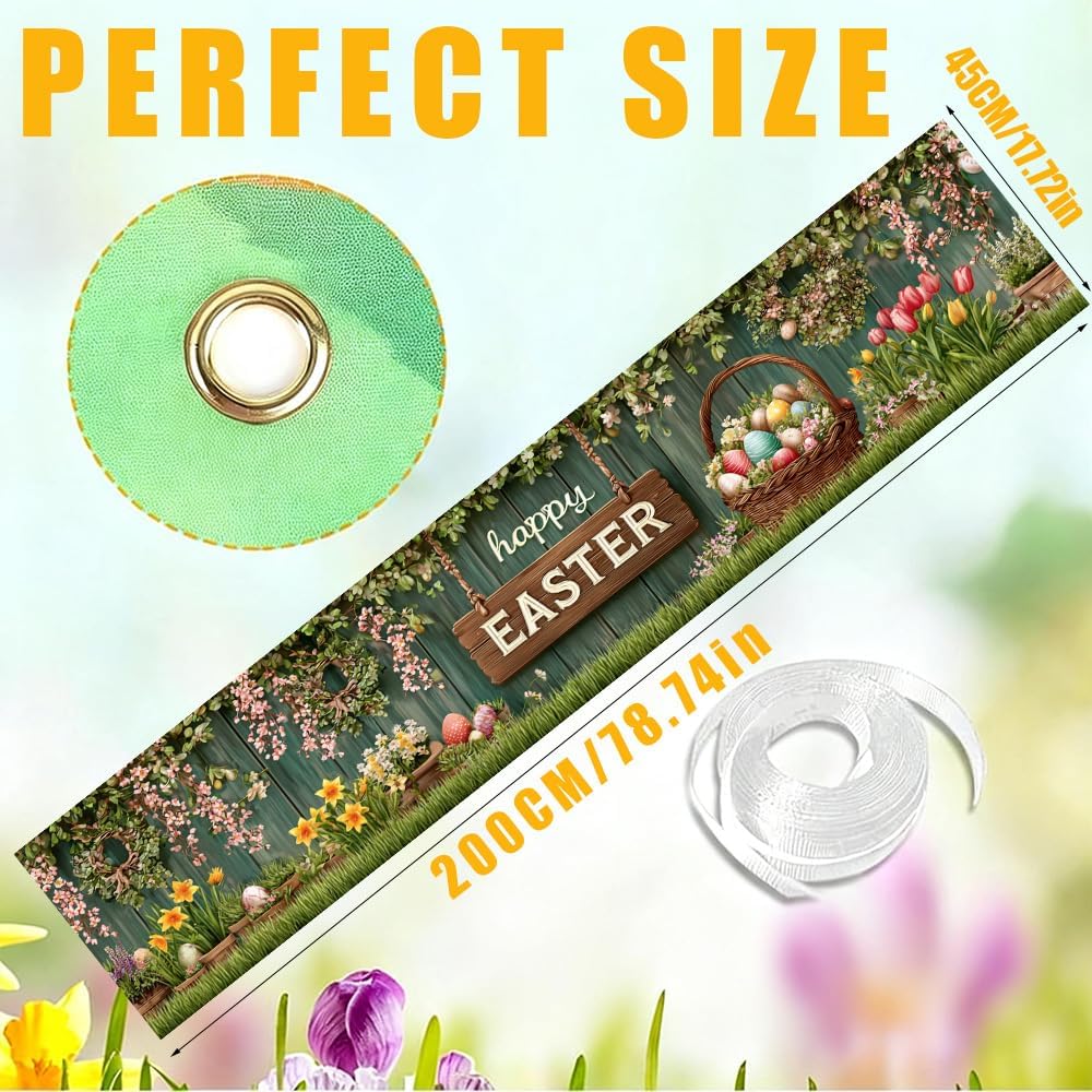Easter Banner 78.74 x 17.72 Inch Rustic Wood Background with Hanging Floral Garlands Spring Flowers Decorative Eggs