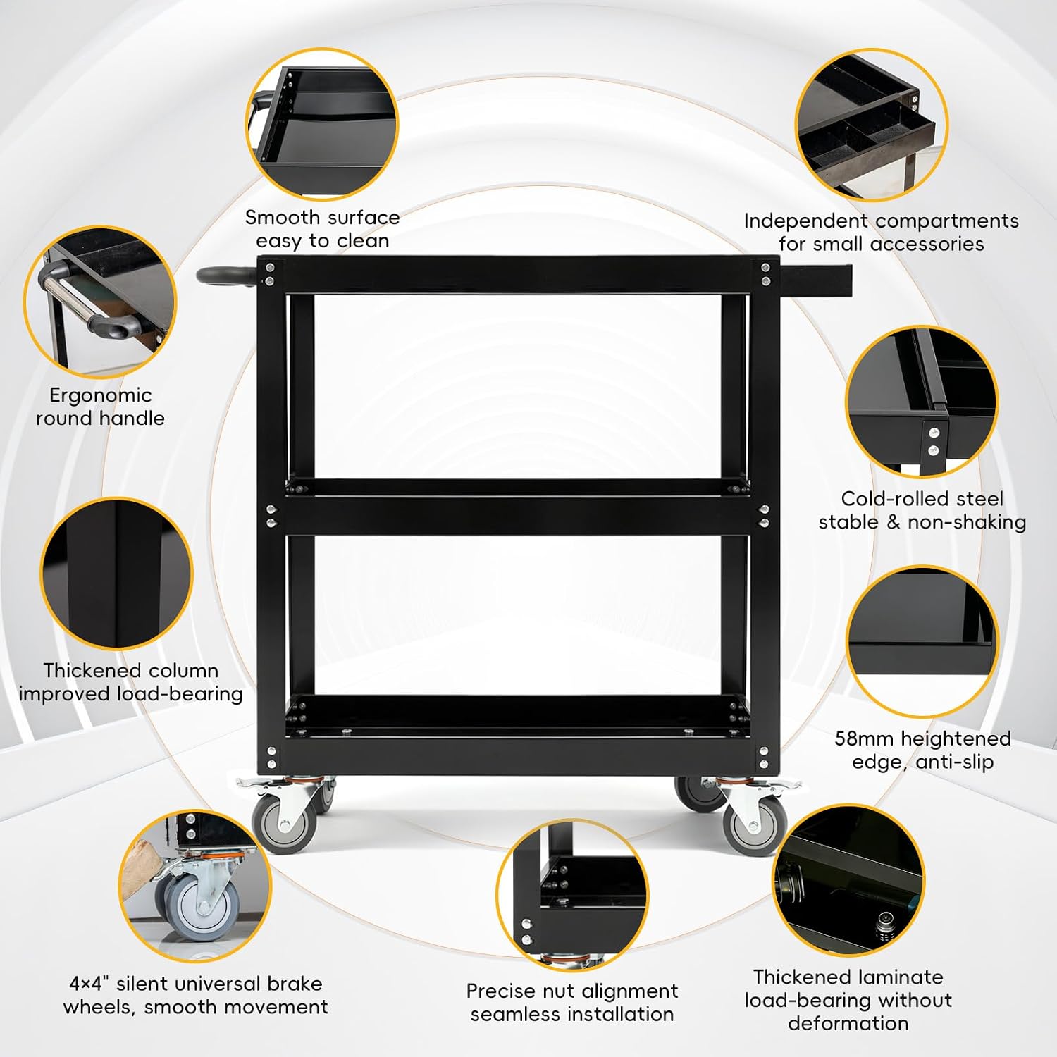 3-Tier Large Heavy-Duty Rolling Tool Cart, 550LBS Utility Carts with Swivel Wheels, Thickened Steel Frame Service