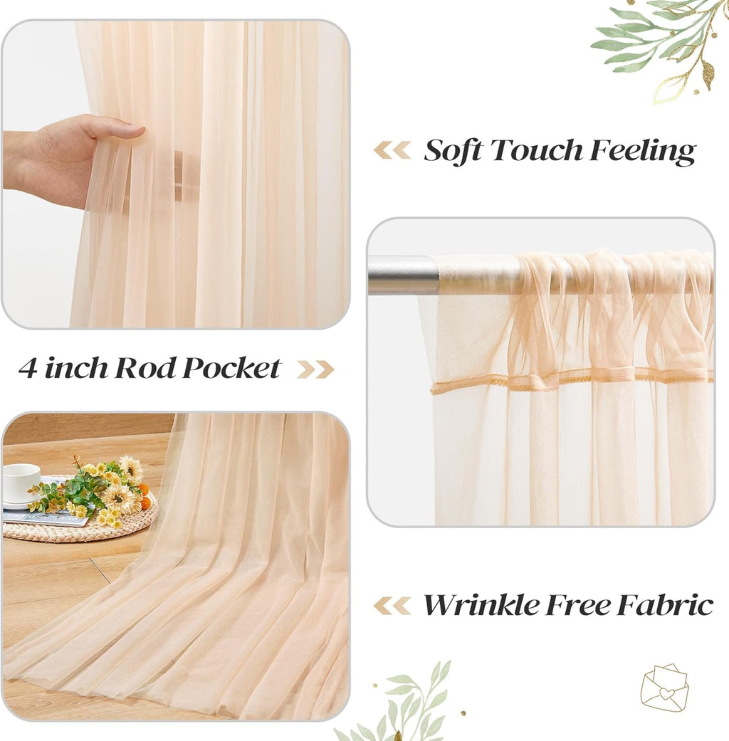 10ft x 10ft Champagne Backdrop Curtain with Lights String for Parties, Sheer Wedding Photo Backdrops Drapes for Baby