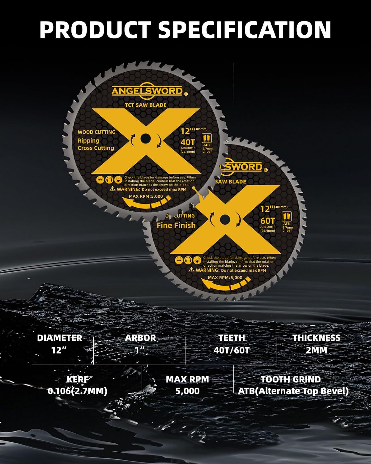 12 Inch Miter Saw Blade, 40T for Ripping, Cross Cutting&60T for Fine Finish Wood Cutting, 2pack