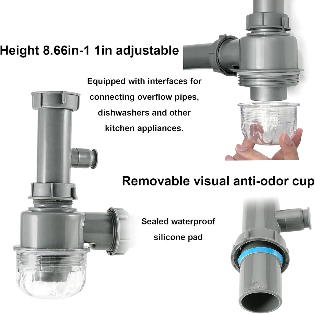 Kitchen Sink P-Trap Kit, 1-1/2 Inch Adjustable Drain Pipe with Flexible & Straight Pipes, Dishwasher Connection