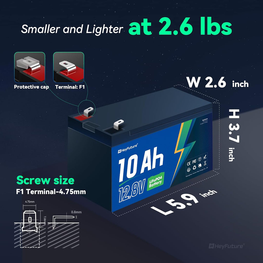 12V 10Ah LiFePO4 Deep Cycle Battery with 20A BMS, F1 Terminal | 4000+ Cycles, Lightweight, 12V Lithium Battery for