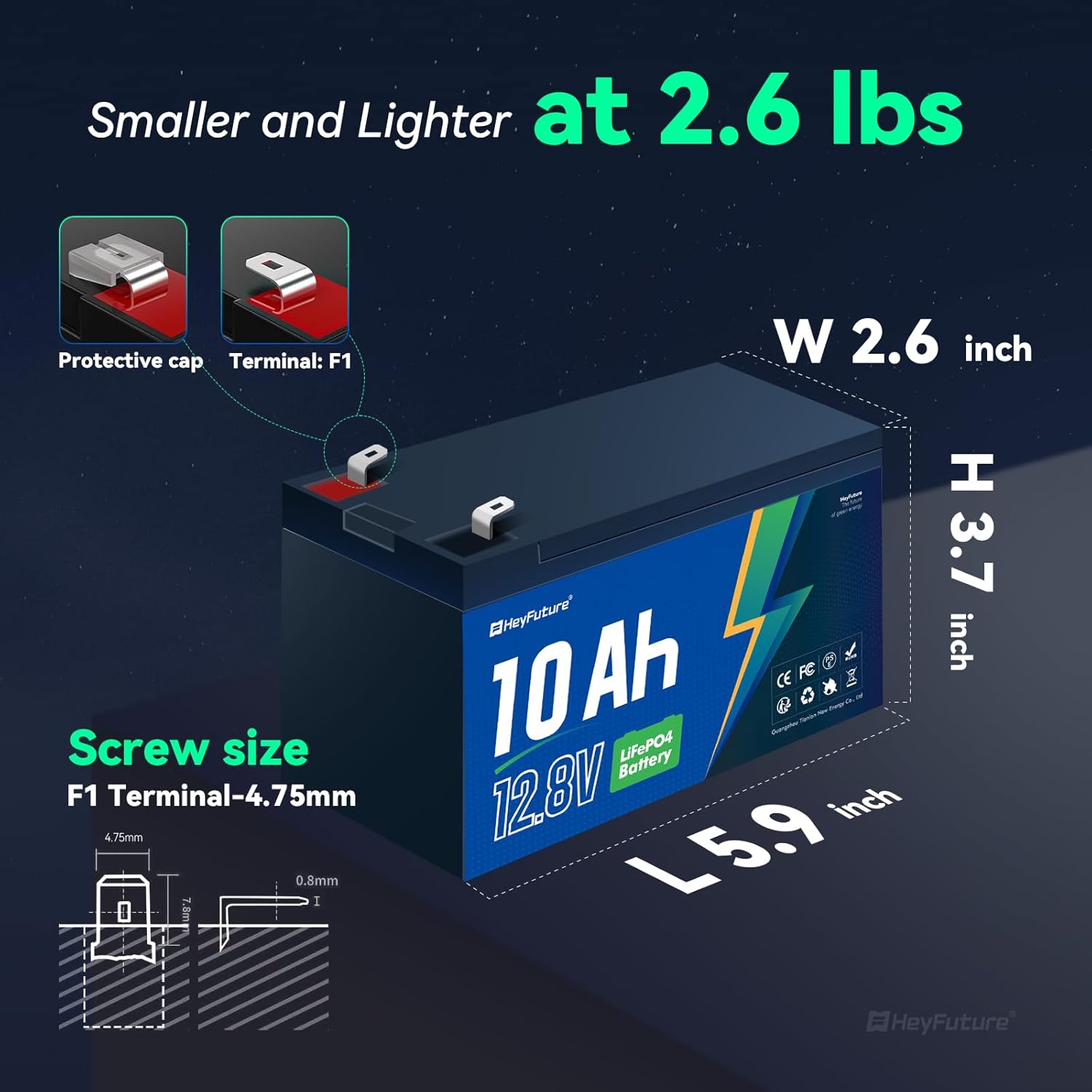 12V 10Ah LiFePO4 Deep Cycle Battery with 20A BMS, F1 Terminal | 4000+ Cycles, Lightweight, 12V Lithium Battery for