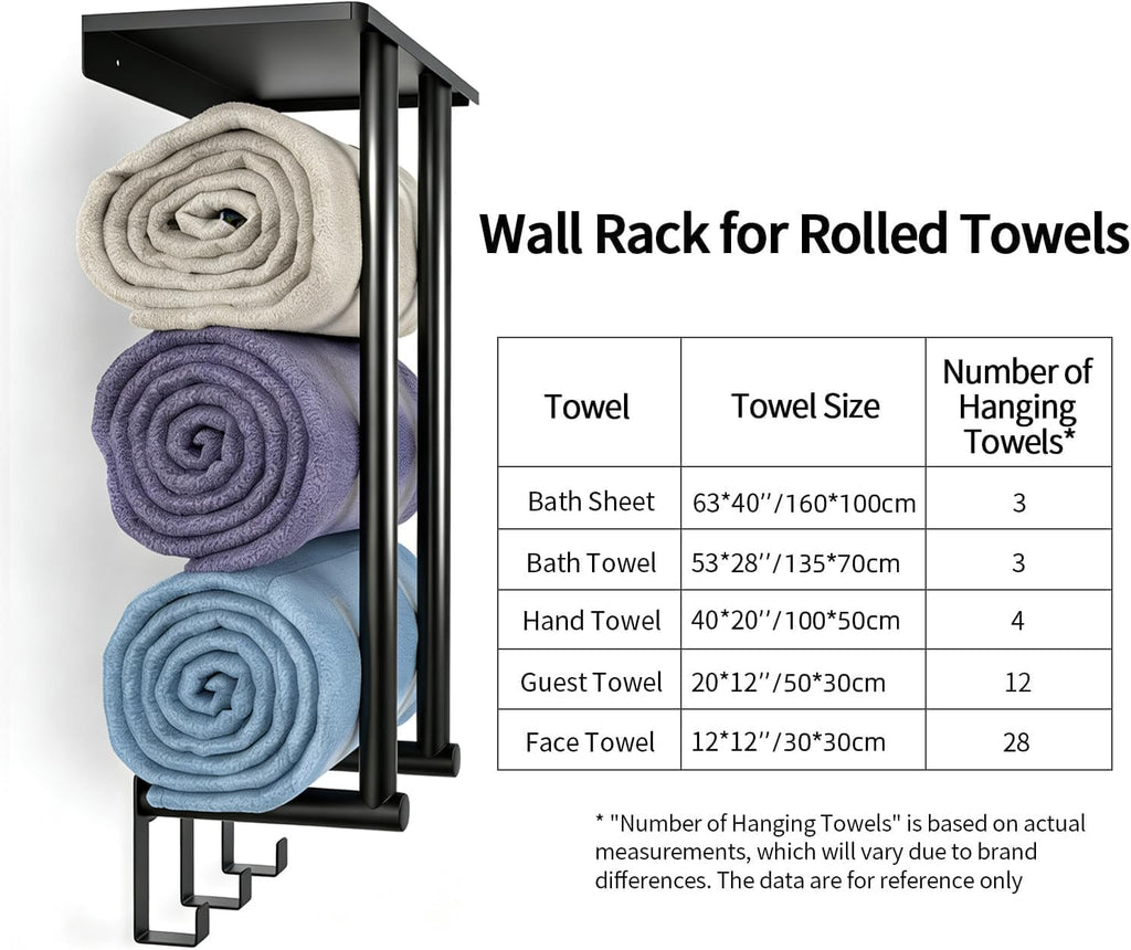 Towel Racks for Bathroom Wall, Black Small Towel Holder with Hooks | Stainless Steel Towel Shelf and 3 Hooks for