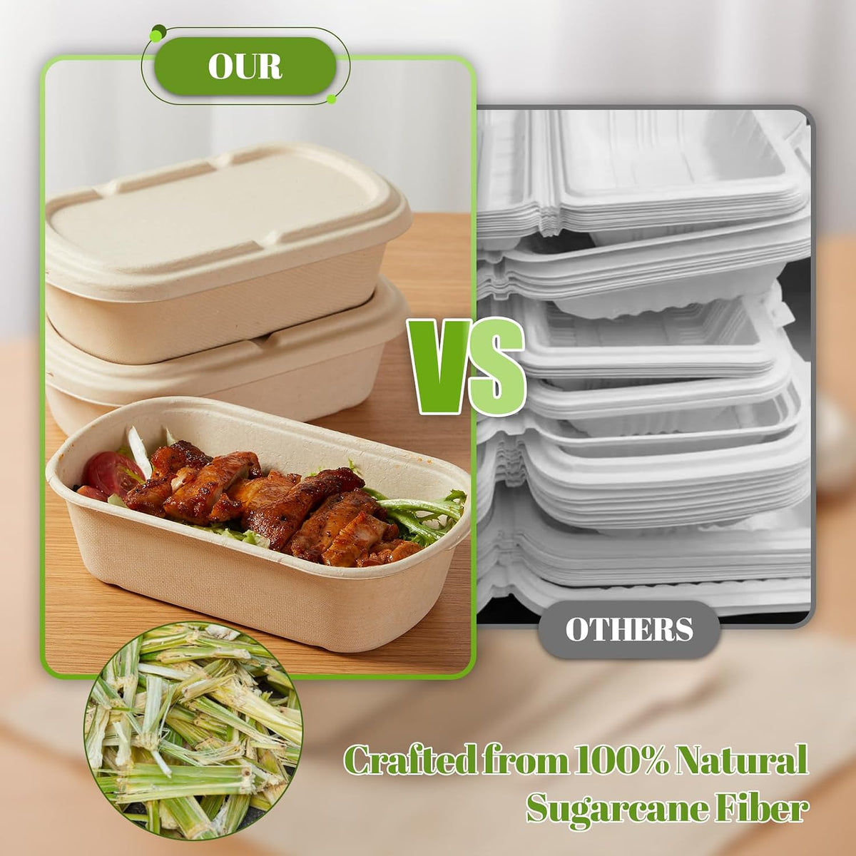 [100% Eco-Friendly] Disposable Food Containers with Lids – Sugarcane Pulp Take Out Boxes, Biodegradable, Compostable
