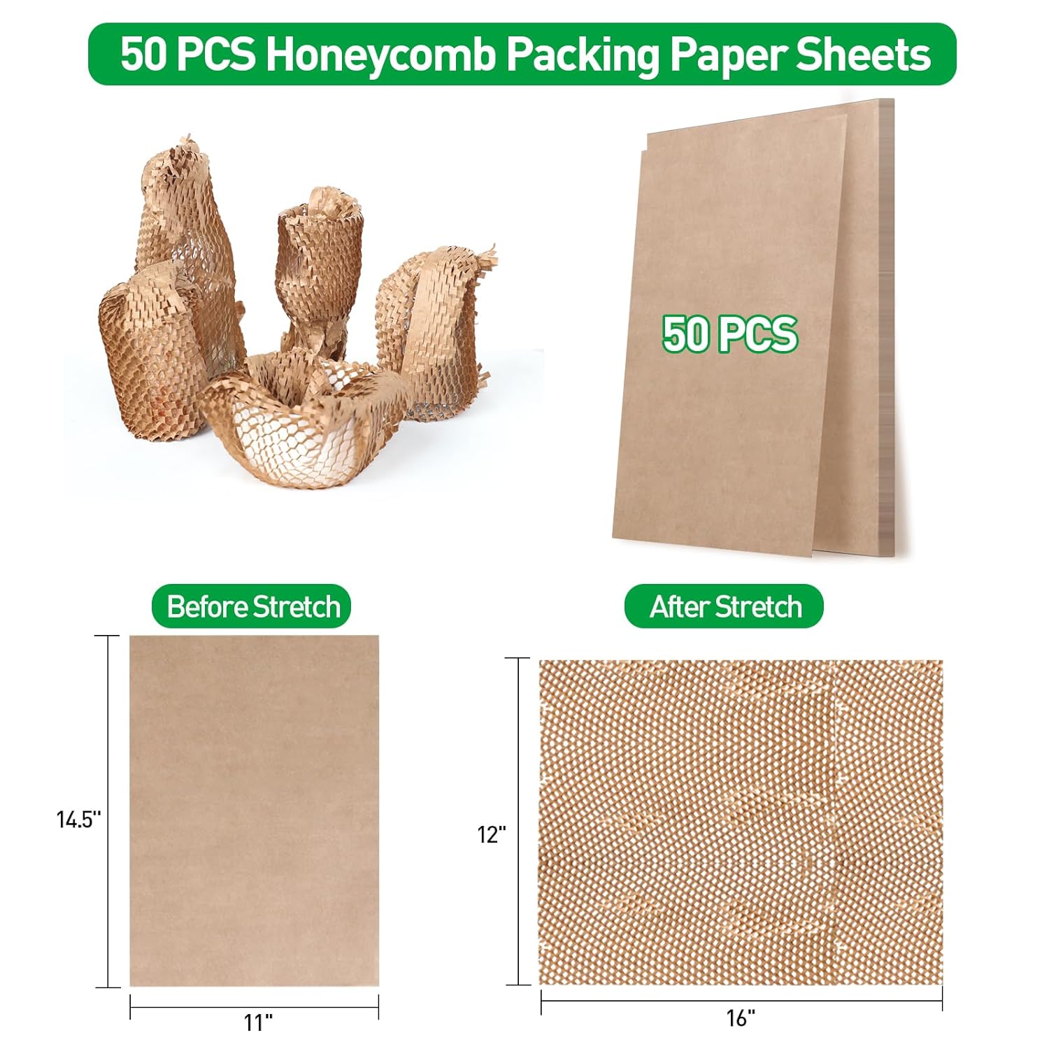 50 Sheets Honeycomb Packing Paper Expanded Size 12" × 16" Unexpanded Size 14.5" × 11" Bubble Cushioning Wrap for