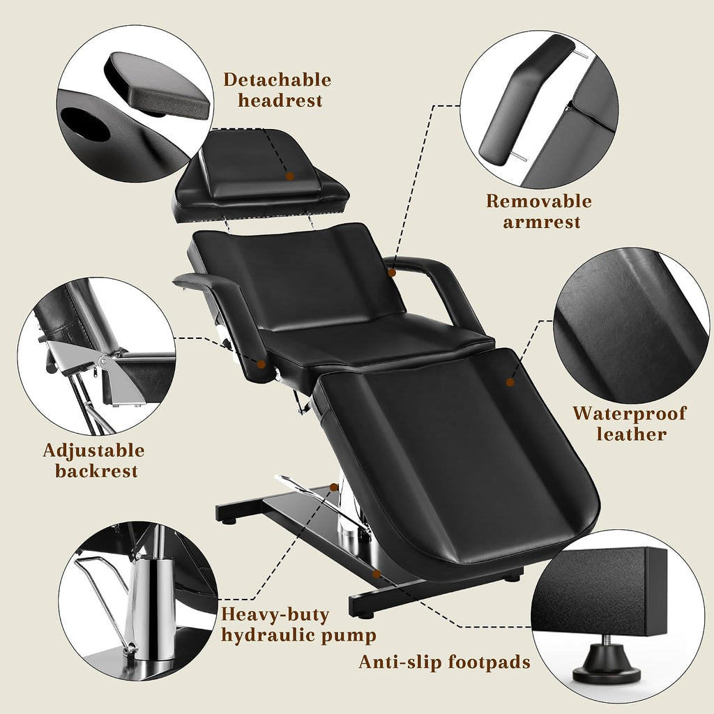 Facial Tattoo Chair for Client, Hydraulic Esthetician Lash Bed with Rolling Stool, 360° Swivel Adjustable Headrest
