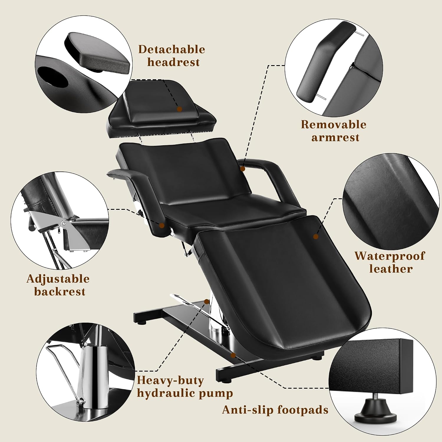 Facial Tattoo Chair for Client, Hydraulic Esthetician Lash Bed with Rolling Stool, 360° Swivel Adjustable Headrest
