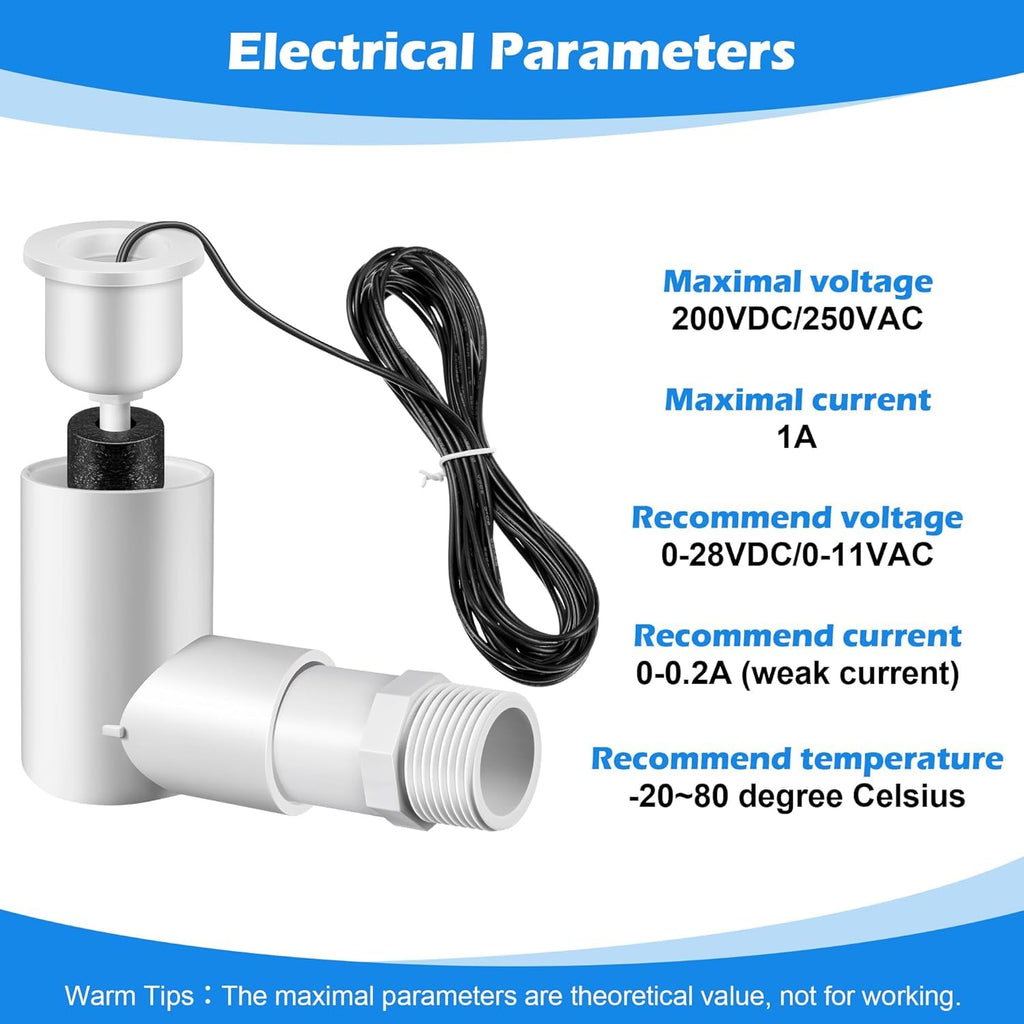 6 Pack SS2 Float Switch for Easy Installation, AC Float Switch with 3/4 Inch Adaptor and 6ft Wire, Water Level Accessory for HVAC System with Condensate Overflow Detection