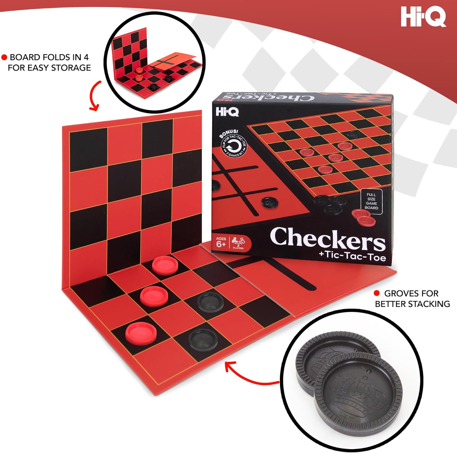 HI-Q Checkers & Tic-Tac-Toe Board Game Set – Classic Strategy for Kids & Family – Features Interlocking Stacking