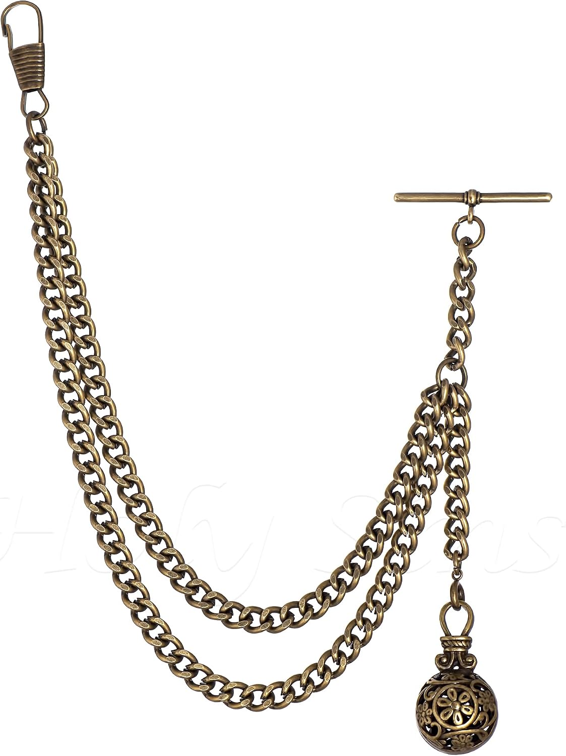 Handmade in the UK Bronze Colour Albert Pocket Watch Chain With Hollow Pendant