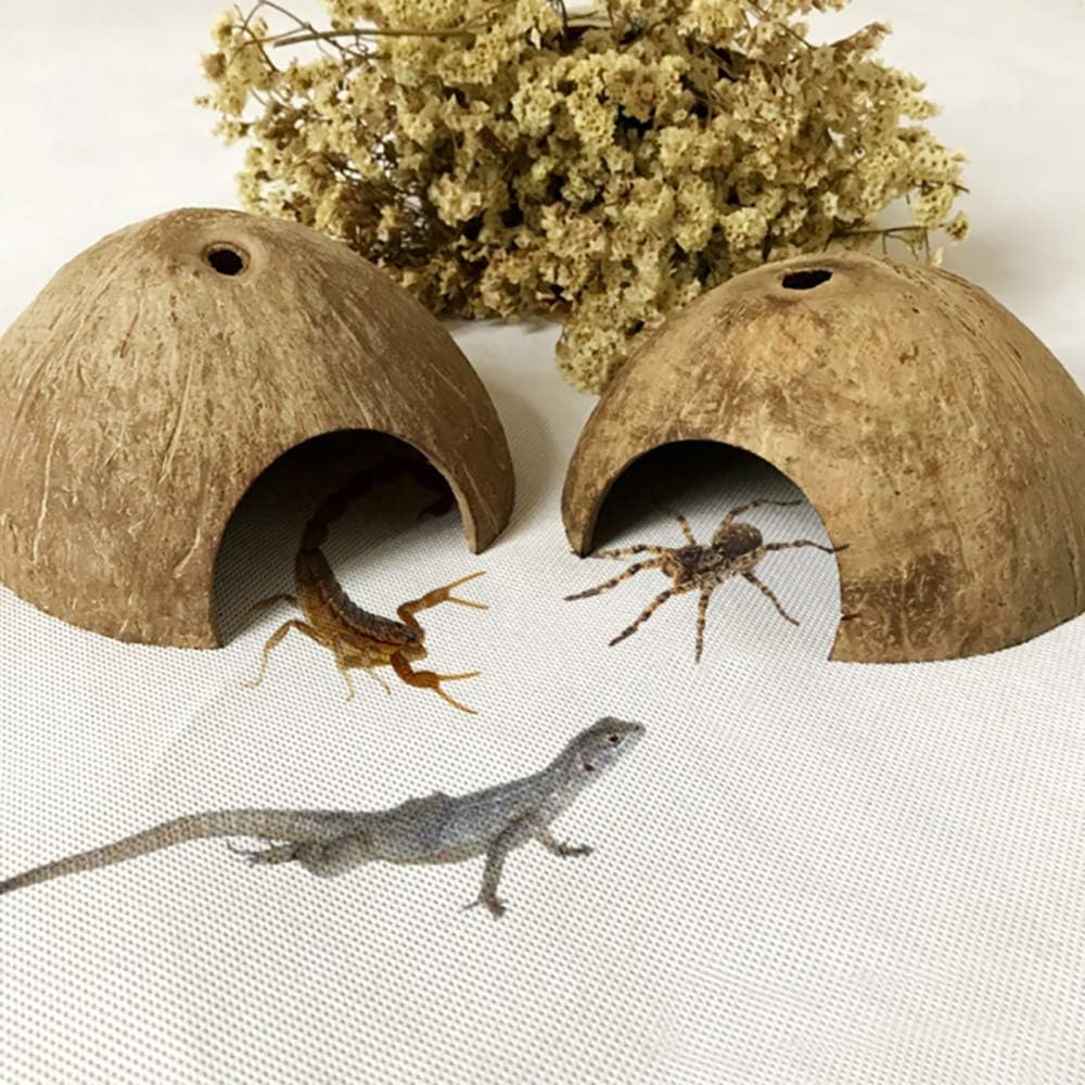 2 PCS Natural Coconut Reptile Hideouts Lizard Coco Hut Hermit Crab Hut Aquarium Fish Hide Cave Spider Snail Climber Toys