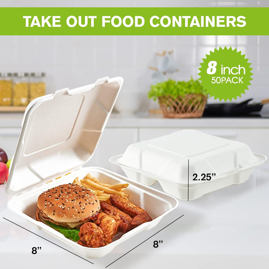 50 Pack Compostable Clamshell Take Out Food Containers, 8 inch