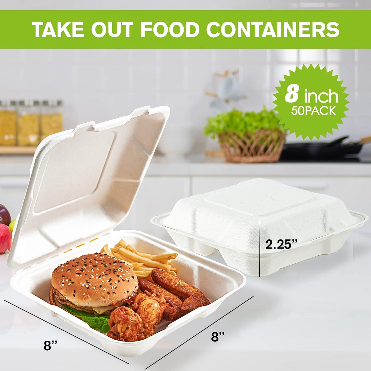 50 Pack Compostable Clamshell Take Out Food Containers, 8 inch
