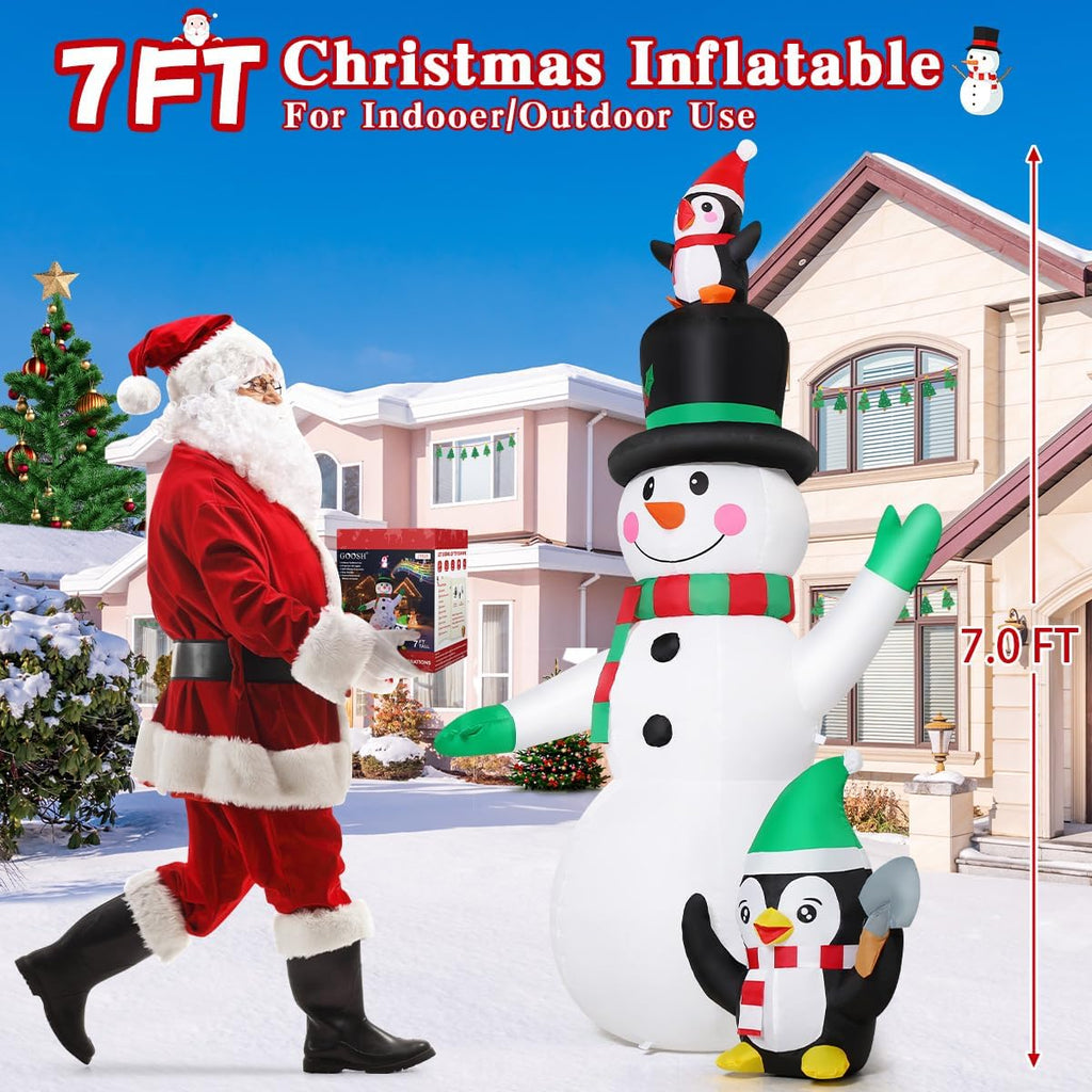 7 FT Christmas Inflatables Snowman and Penguin with Built-in Music & 360° Rotation Colorful Projector LED Light, Blow
