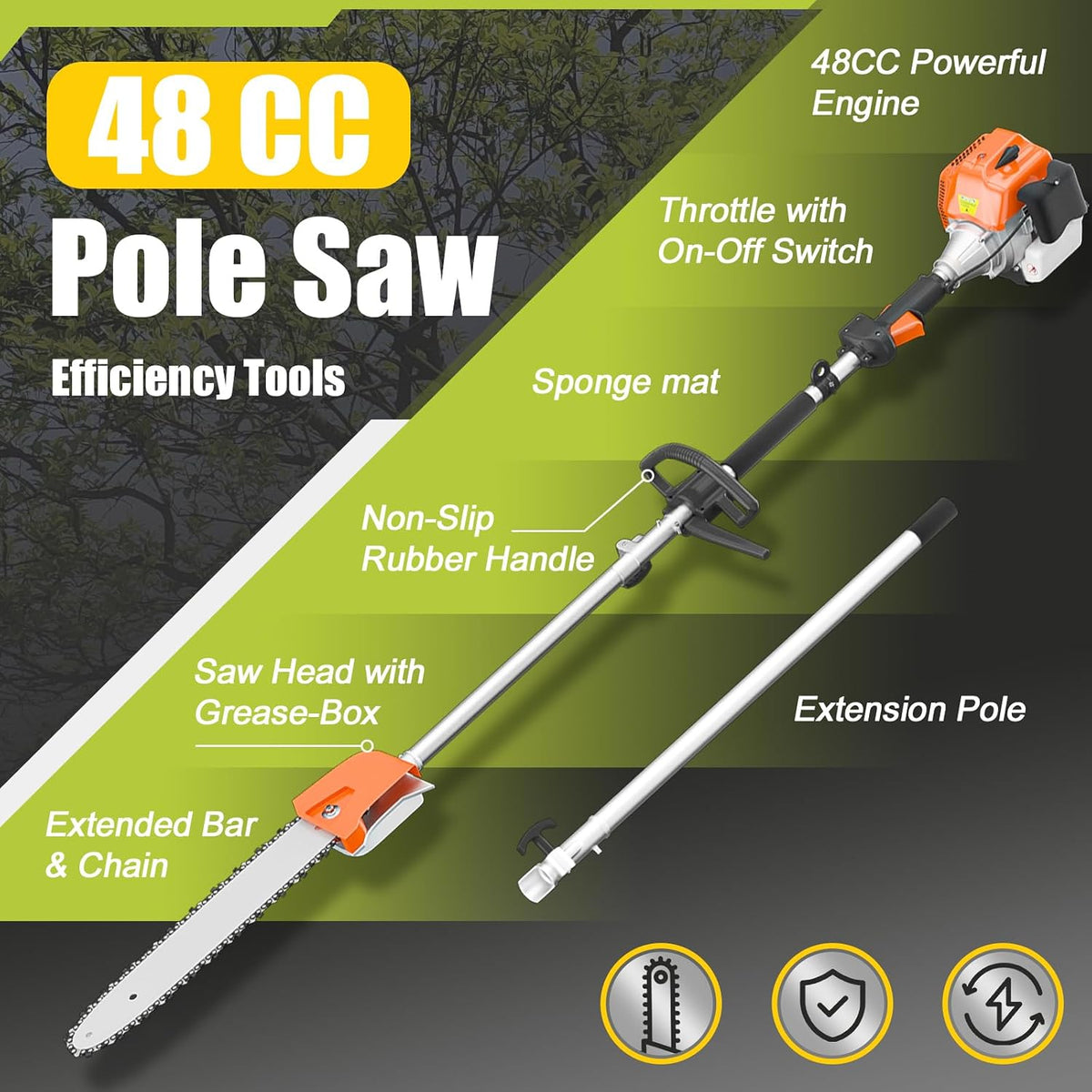 Gas Powered Pole Saw, 48cc 2-Cycle Gas Pole Saws for Tree Trimming with 11.5in Cutting Bar,16-FT Height Reachable